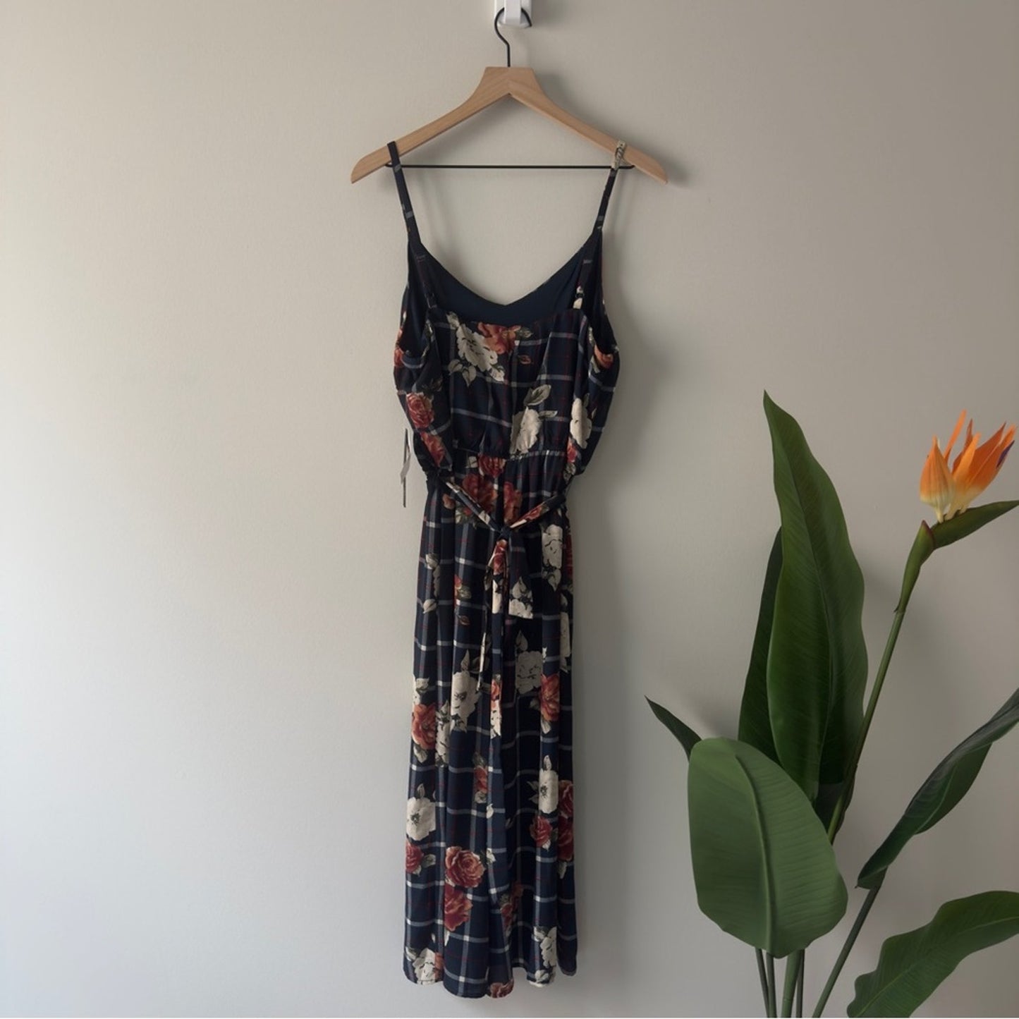 Buckle As U Wish Navy Floral Checkered Jumpsuit Tie Waist Cropped Spaghetti Blue