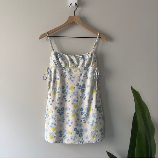 Zara Floral Mini Dress Yellow Blue white adjustable spaghetti straps tie sides M