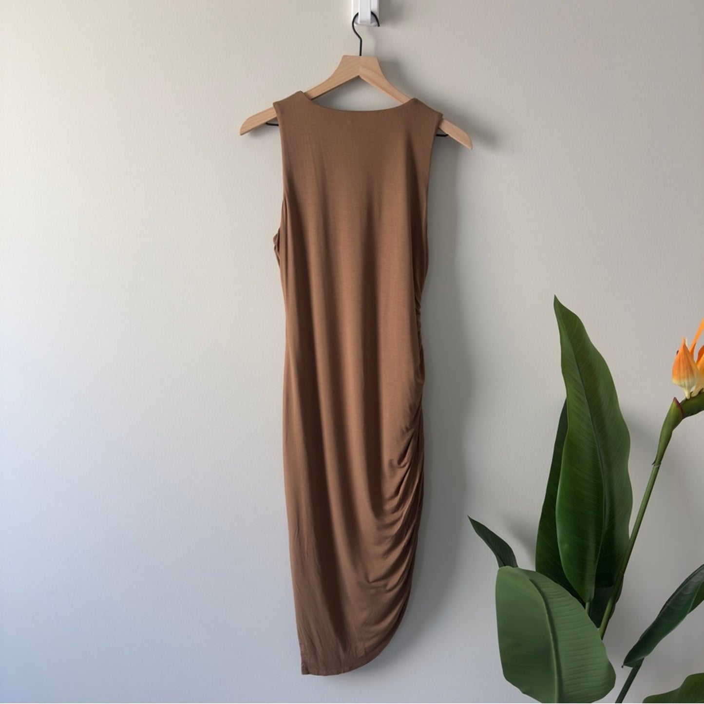 Lovers + Friends Revolved Tan Midi Dress cinched ruched asymmetric sleeveless L