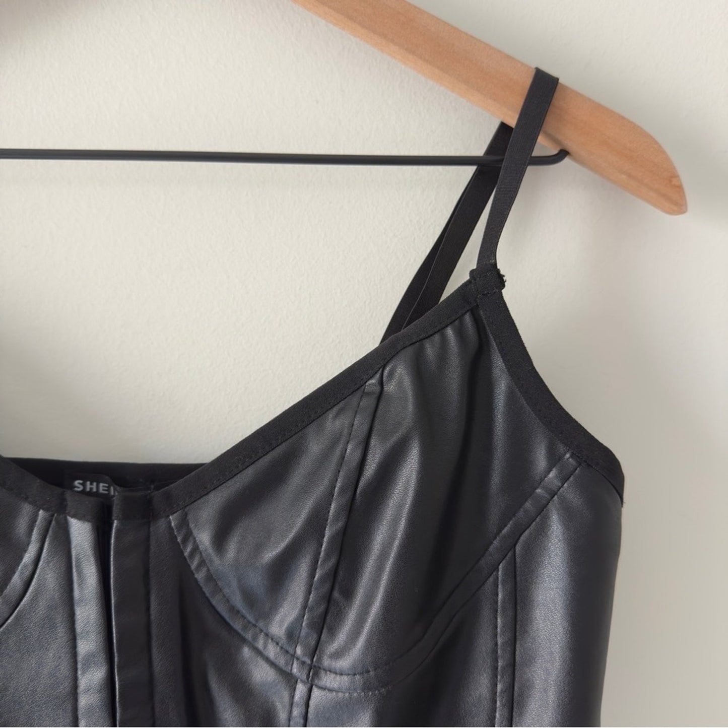 Shein Black Faux Leather Crop Top Corset Adjustable Spaghetti Straps Halloween S