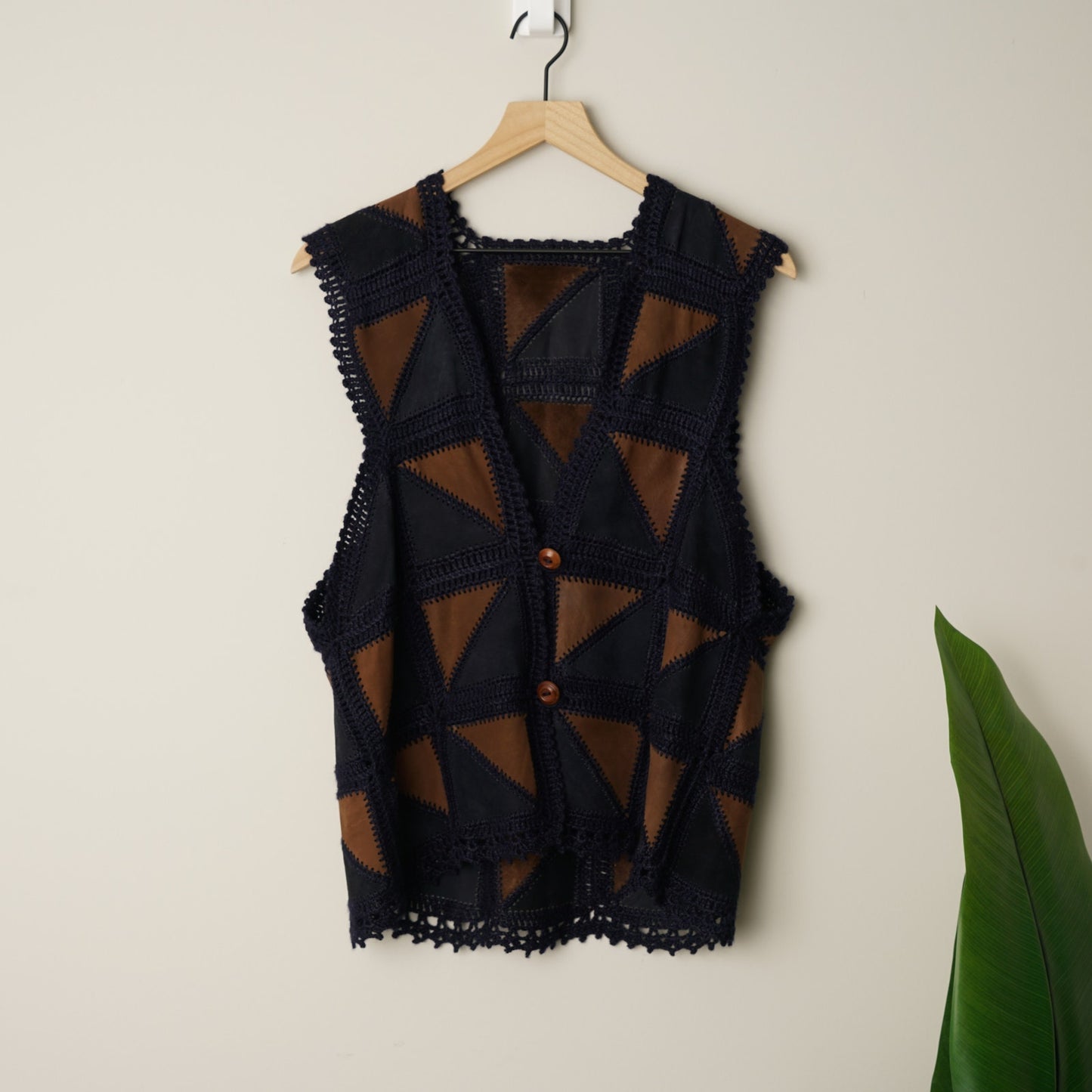 Vintage 1970s Suede Crochet Patchwork Vest Wooden Buttons Triangle Sleeveless