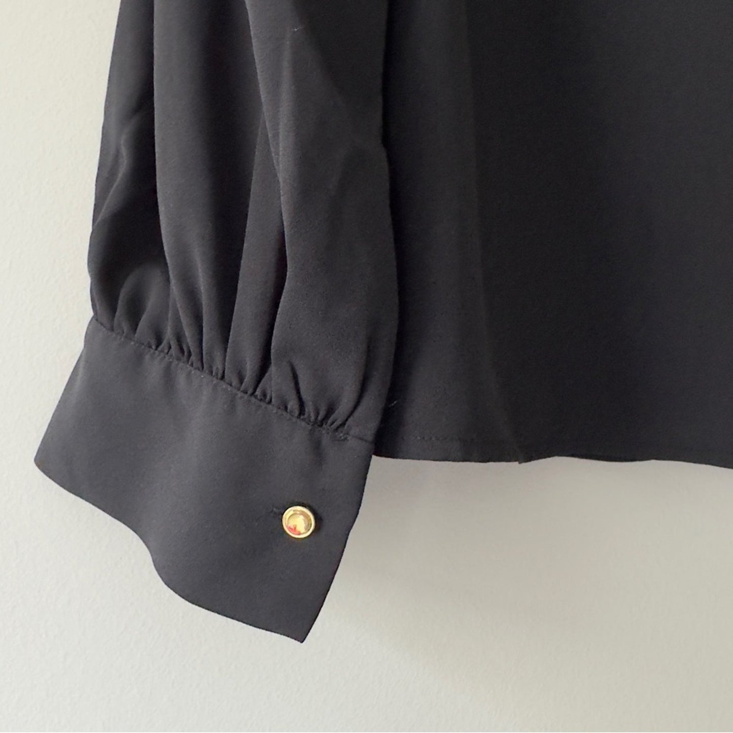 Calvin Klein Black Puff Sleeve Blouse Cuff Sleeves smocked ruffle button keyhole