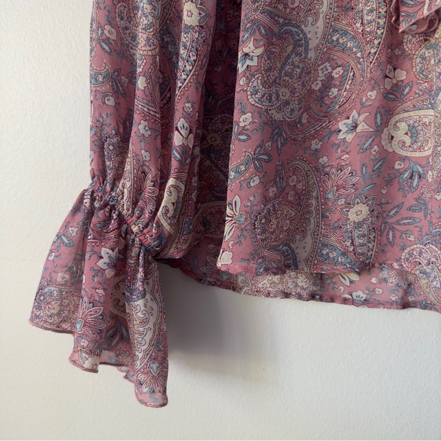 Show Me Your MuMu Sheer Long Sleeve Peasant Top Floral Paisley Lace Up Neckline