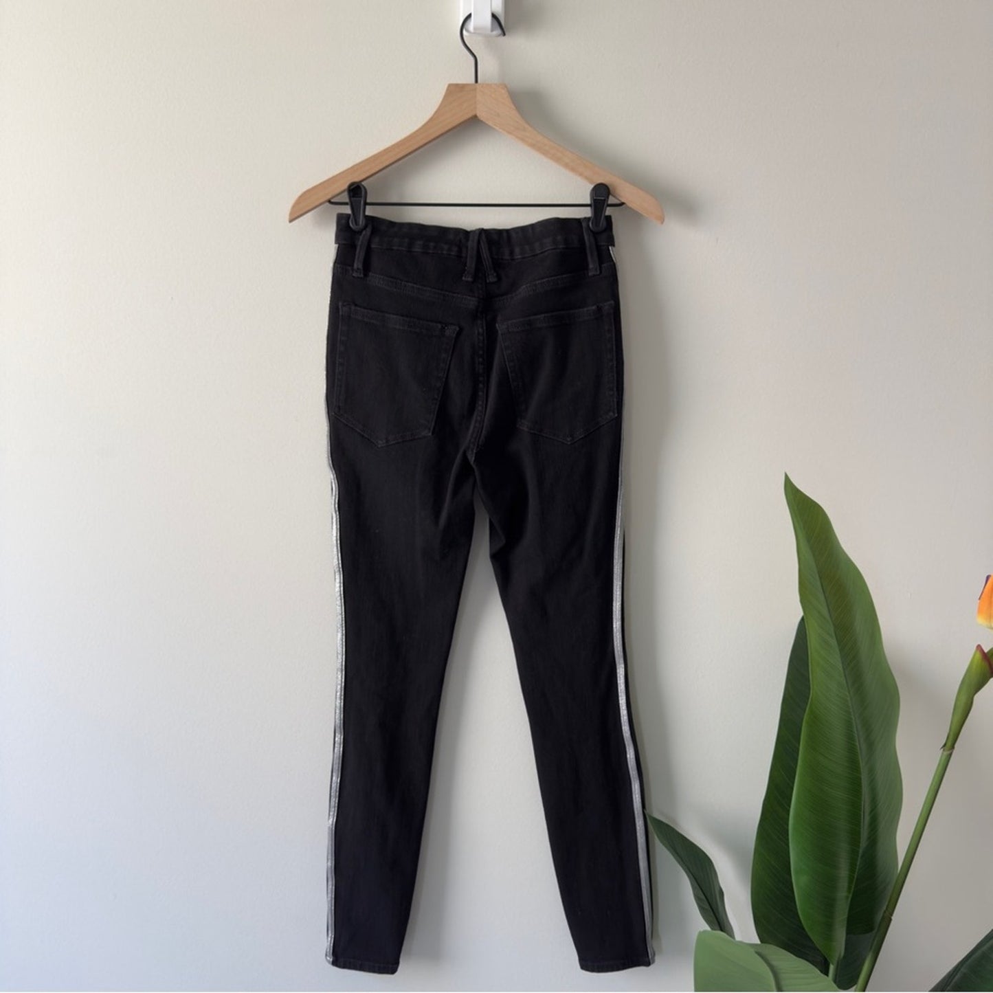 Good American Good Legs Black Skinny Jeans silver sparkle Side Stripes stretch 6