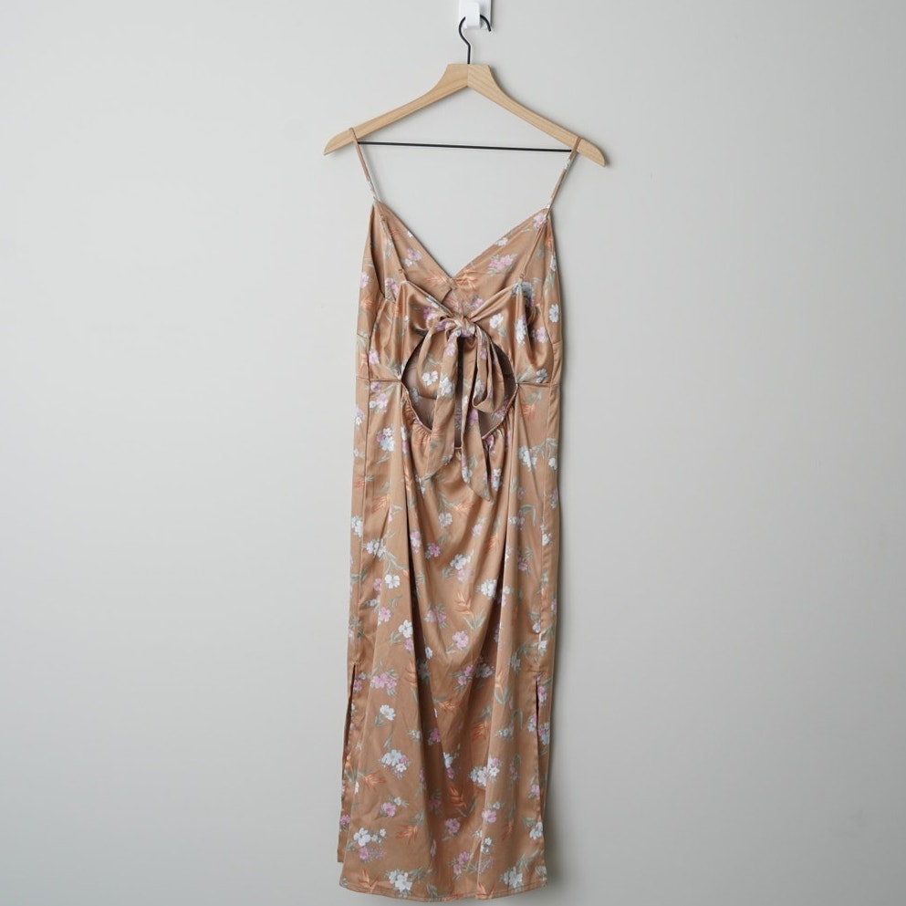 Pink Rose Floral Midi Dress Slit Side Open Tie Bow Back Spaghetti Strap Spring L