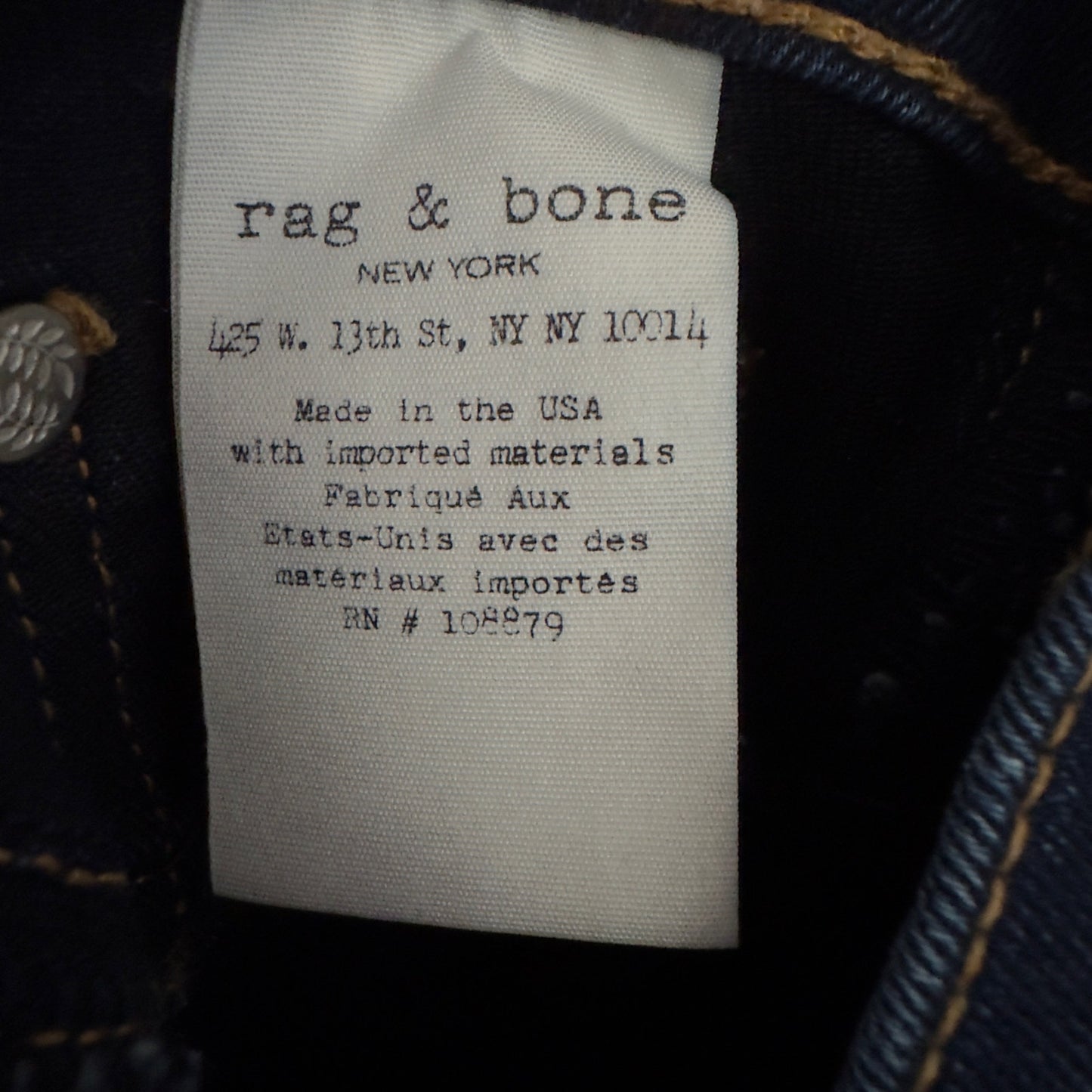 Rag & Bone Dark Wash Skinny Jeans 5-Pocket button zip Cotton stretch Made in USA