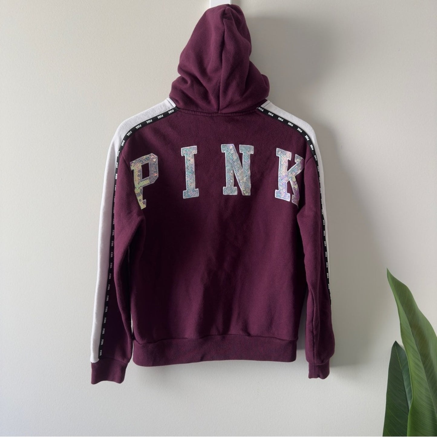 PINK Victoria's Secret Burgundy Full Zip Hoodie Sequin Dog Fleece Hood Jacket XS