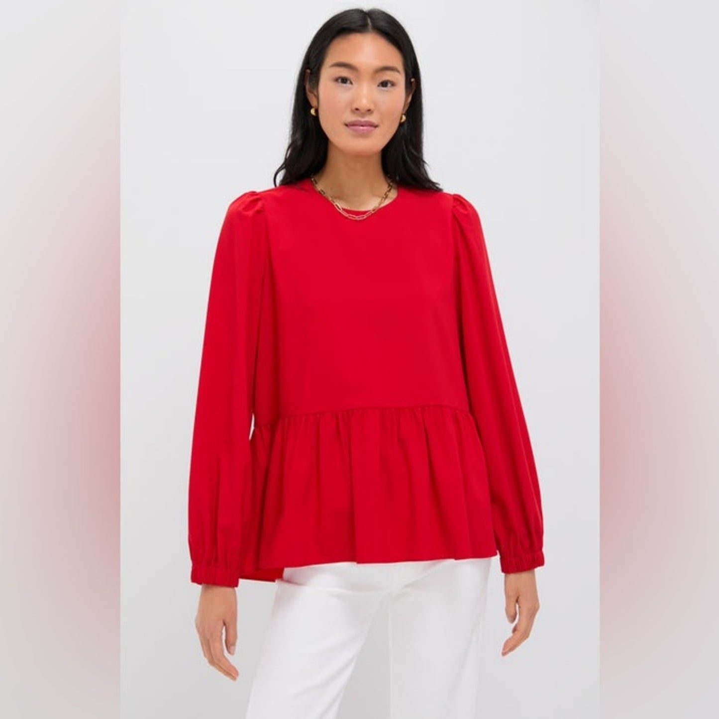 Pomander Place Carlota Peplum Blouse in Red Long Sleeve Top Ruched Flowy Keyhole