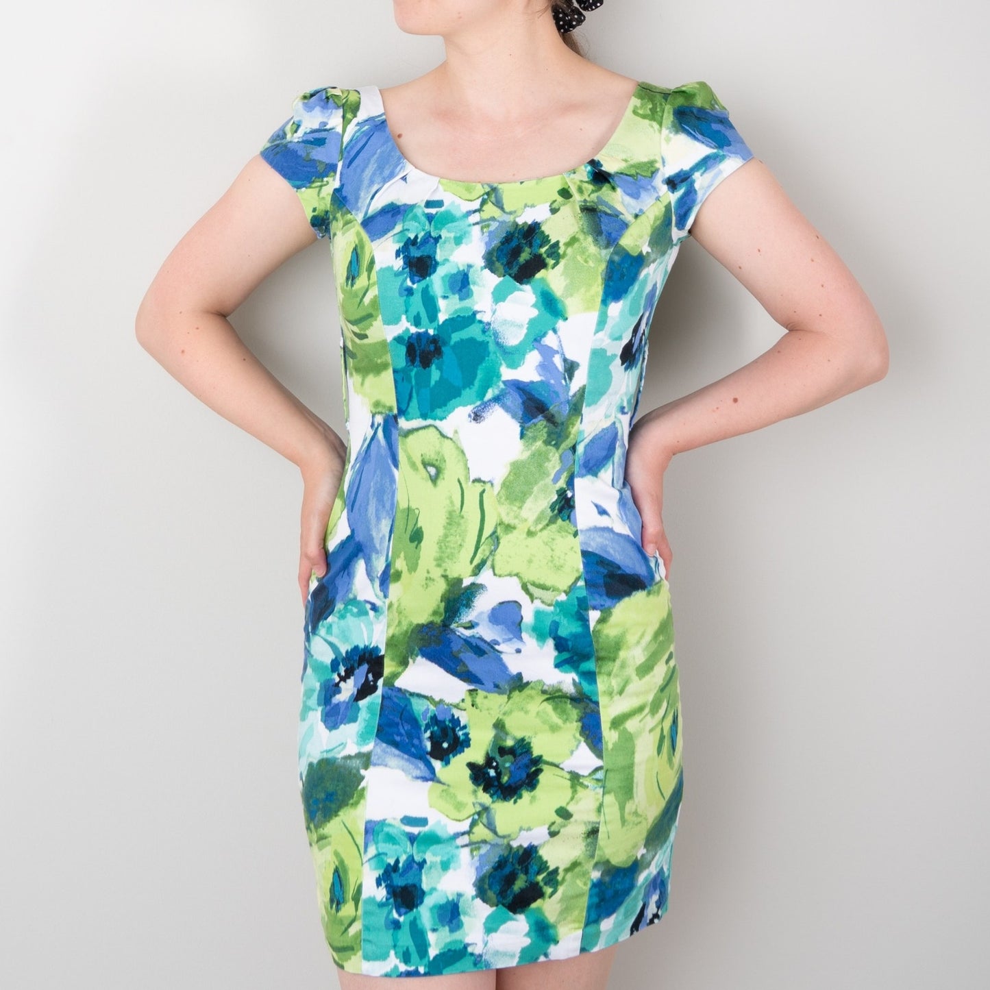 A. Byer Floral Bodycon Pencil Mini Dress Cap Sleeves Cotton Stretch Zip Up Y2K 3