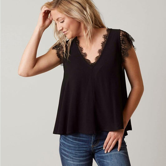 Free People Lovin’ On You Black Lace cap Sleeve Blouse v-neck solid cute minimal
