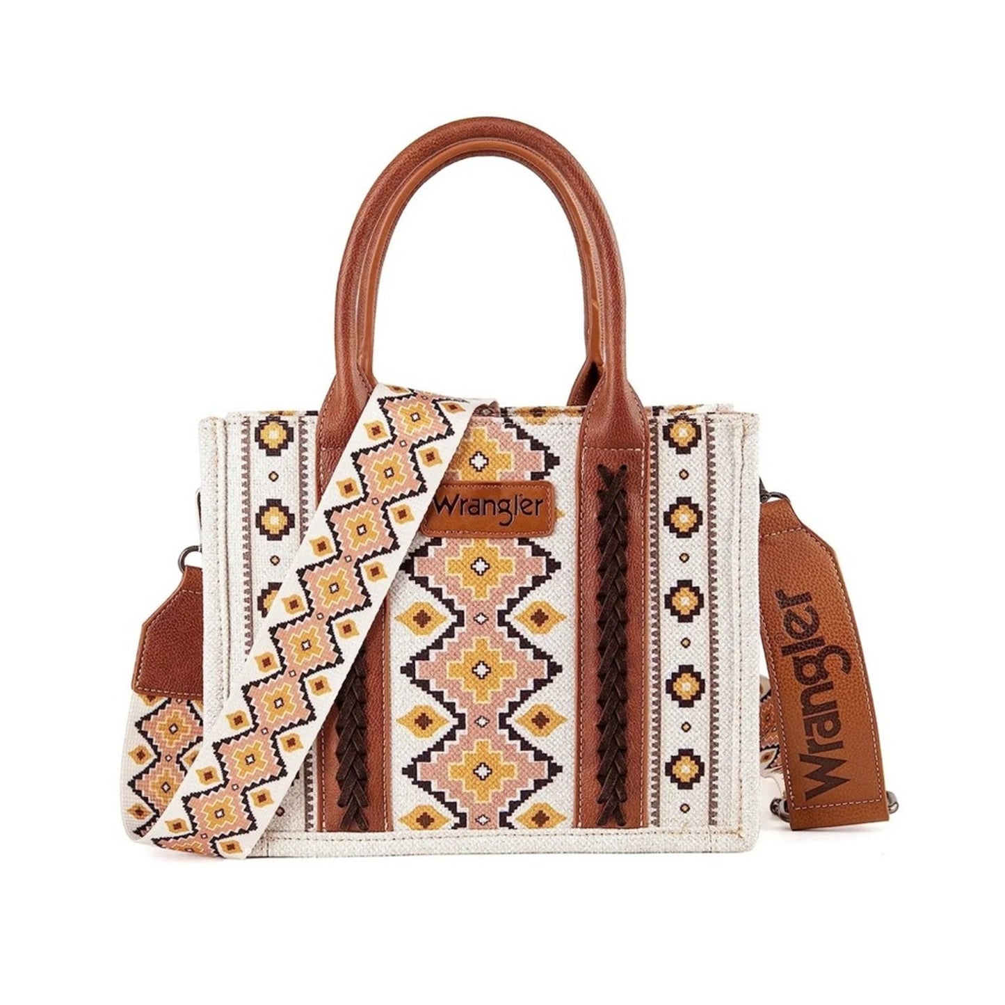 Wrangler Tote Bag Aztec Print Boho Brown Southwestern Faux Leather Zipper Pocket