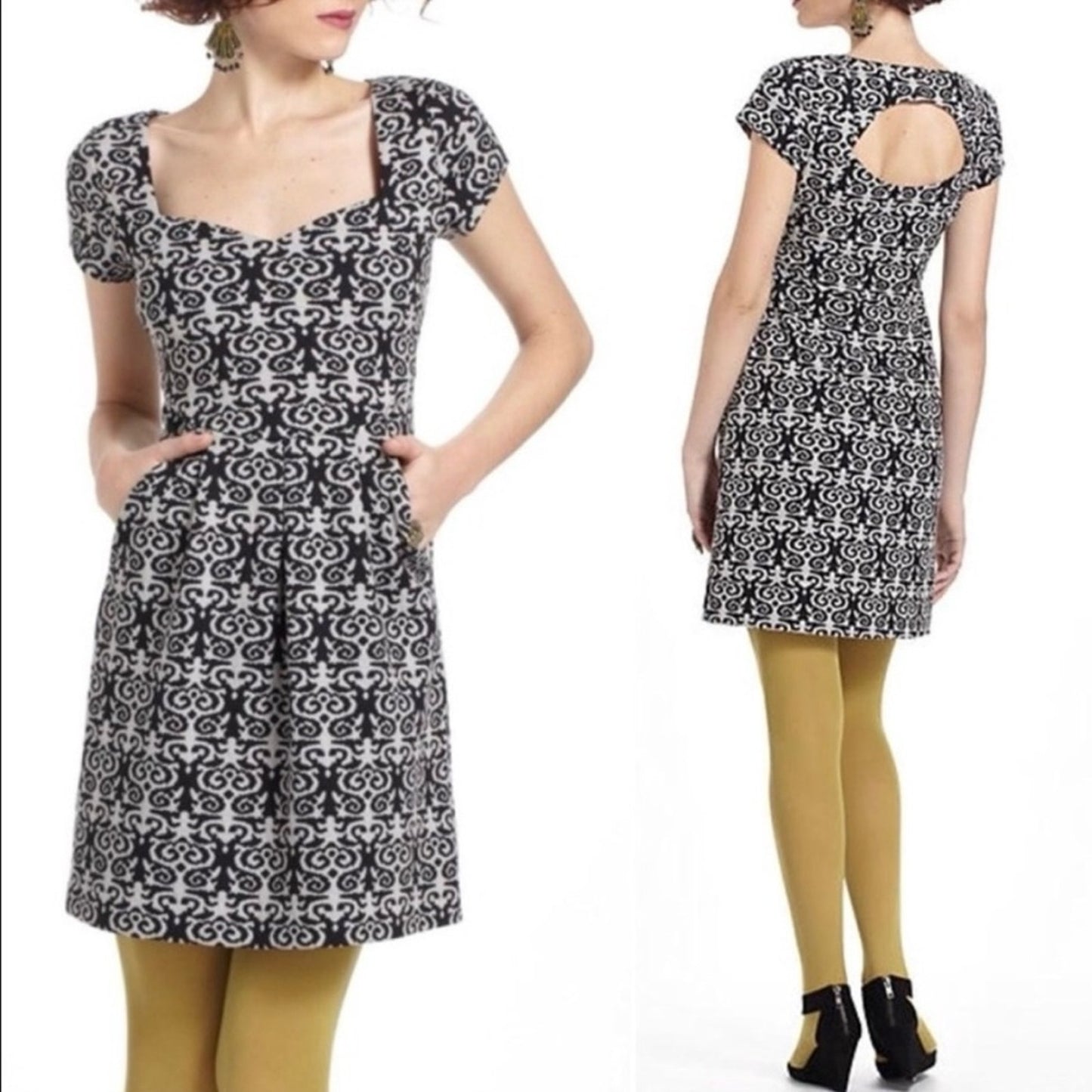 Anthropologie Deletta Black White Cutout Back Mini Dress A-Line Short Sleeve S