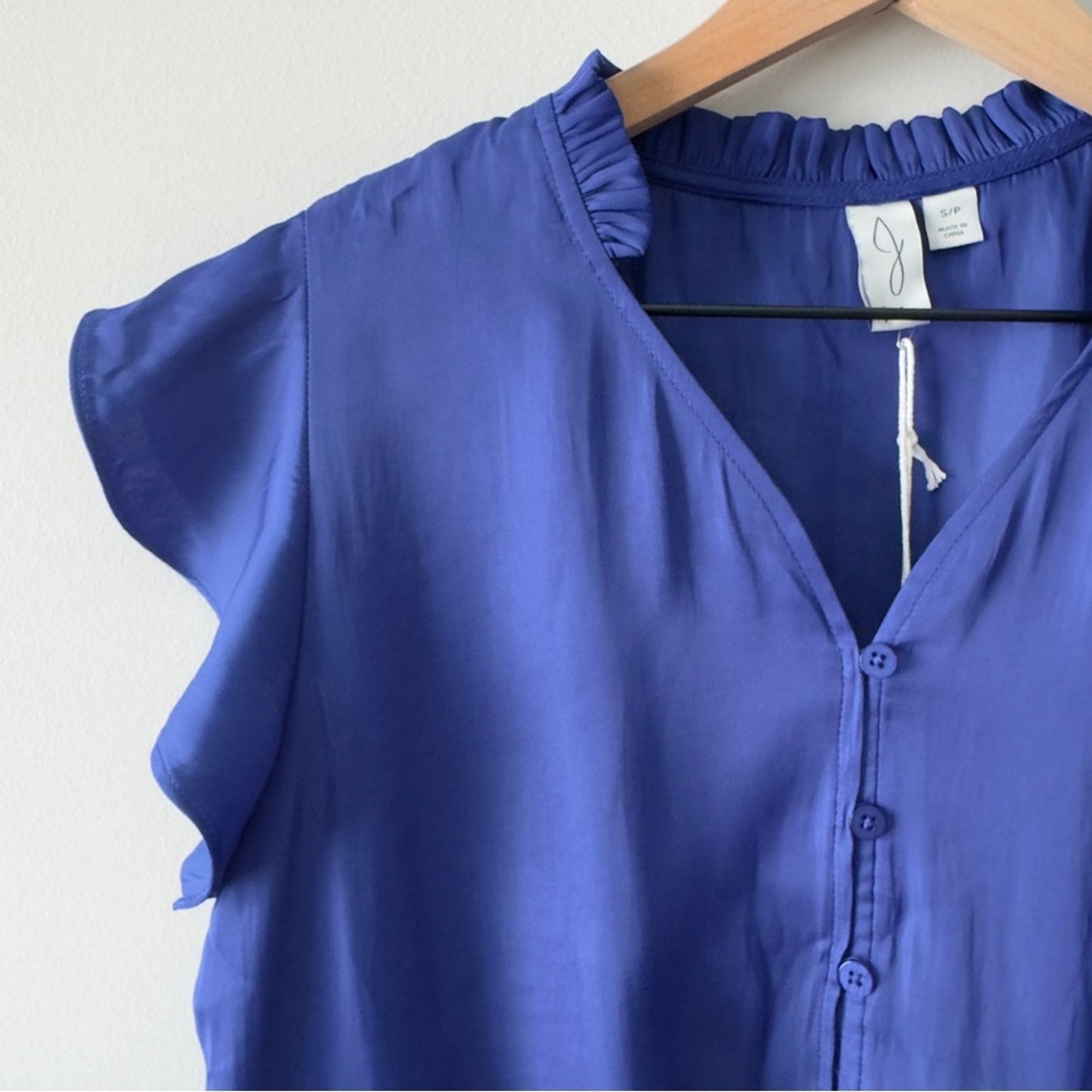Joie Blue Flutter Sleeve Blouse Tie Front Button down Ruffle V-Neck Solid blue S