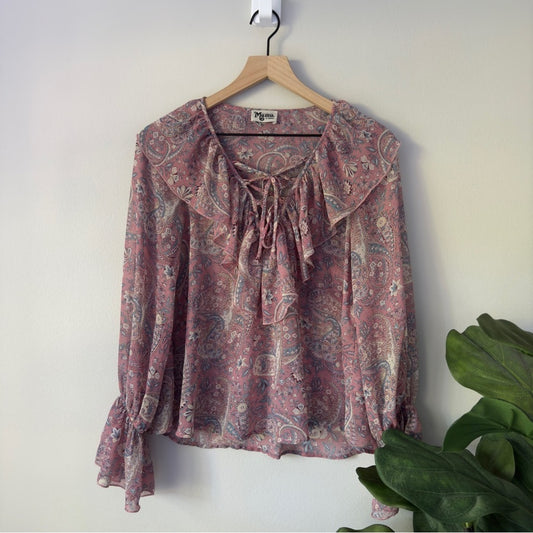 Show Me Your MuMu Sheer Long Sleeve Peasant Top Floral Paisley Lace Up Neckline