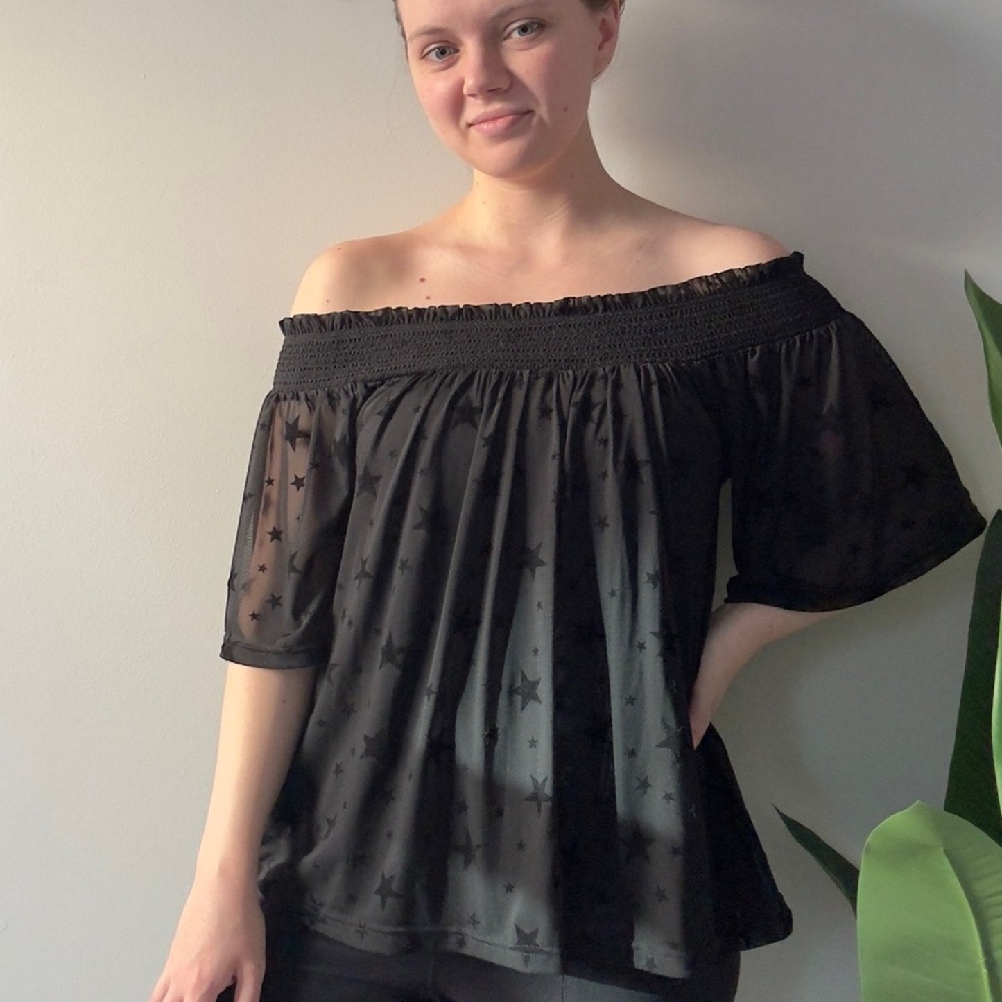 Anthropologie Maeve Star Print Black Off-Shoulder Stars Top Smocked Mesh Stretch