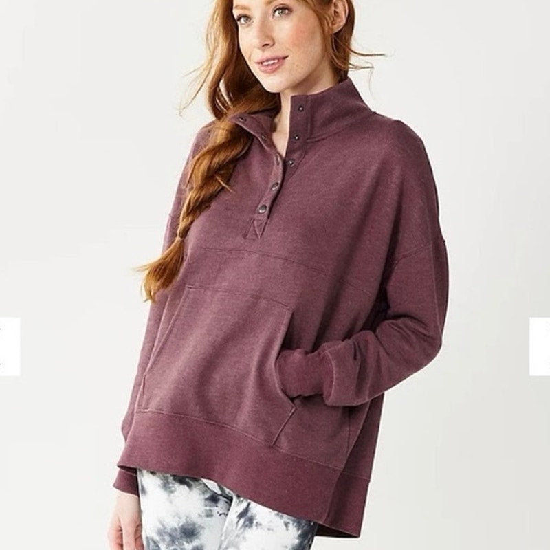 SO Lounge Life Pullover Quarter Snap Up Mock Neck Kangaroo Pocket Burgundy XS