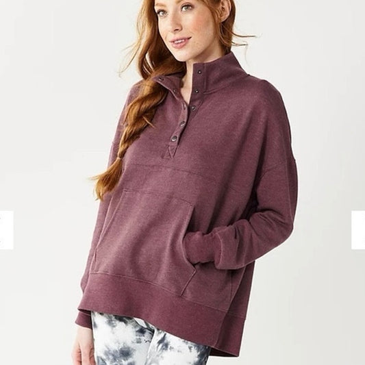 SO Lounge Life Pullover Quarter Snap Up Mock Neck Kangaroo Pocket Burgundy XS