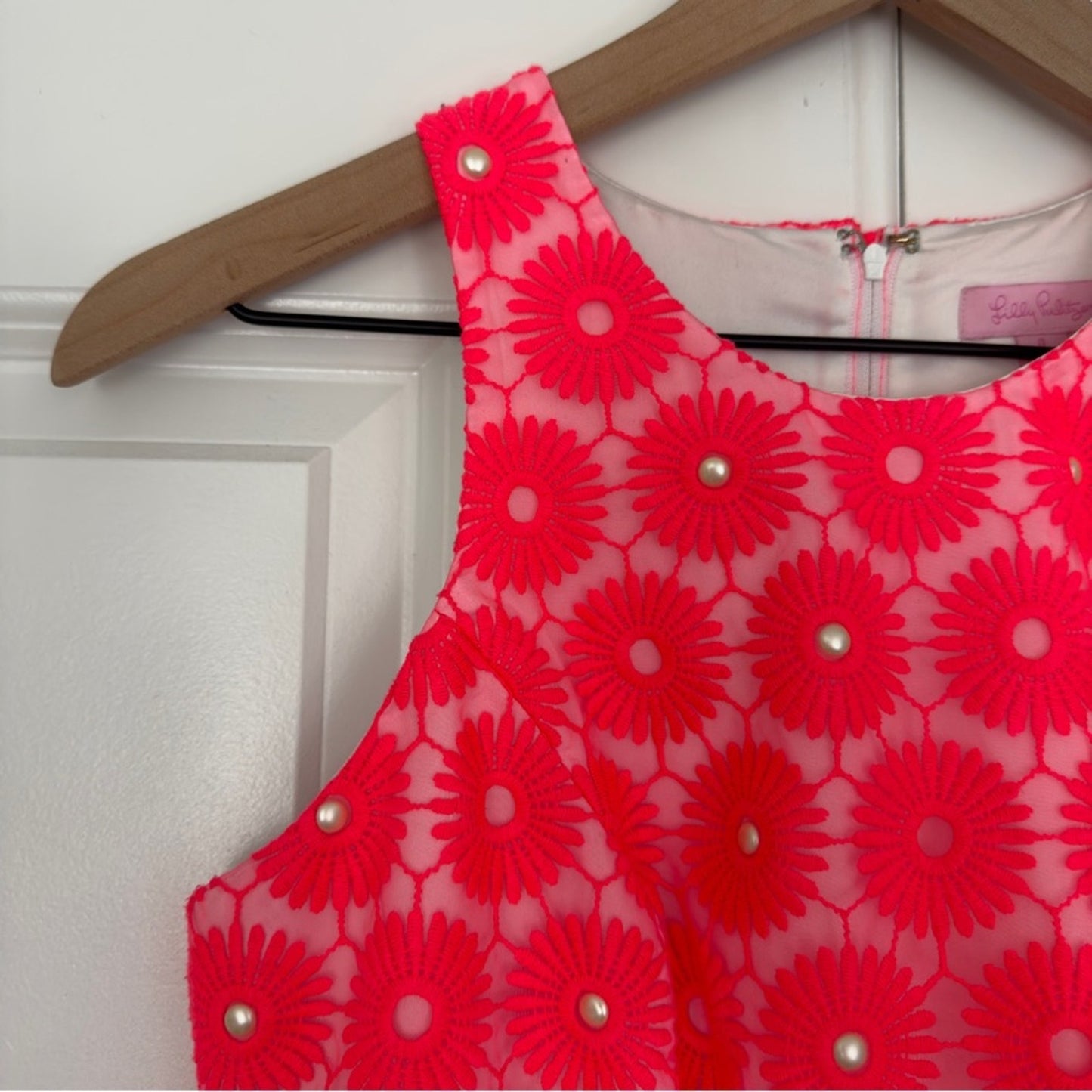 Lilly Pulitzer Fiesta Pink Floral Lace Pearl Bead Pinwheel Mini Dress Sleeveless