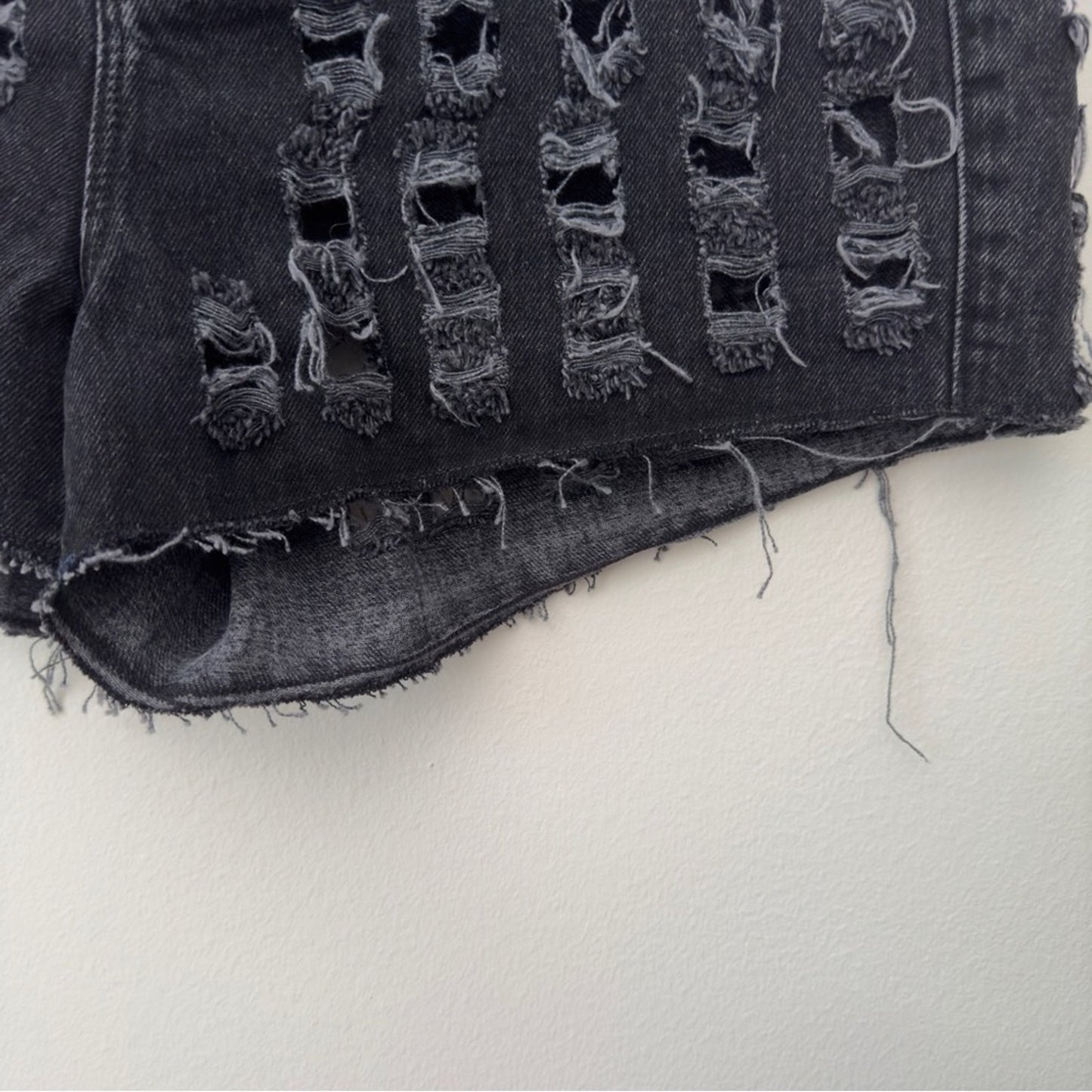 Good American Distressed Cut Off Jean Shorts Cutout Recycled Cotton Pockets Zip