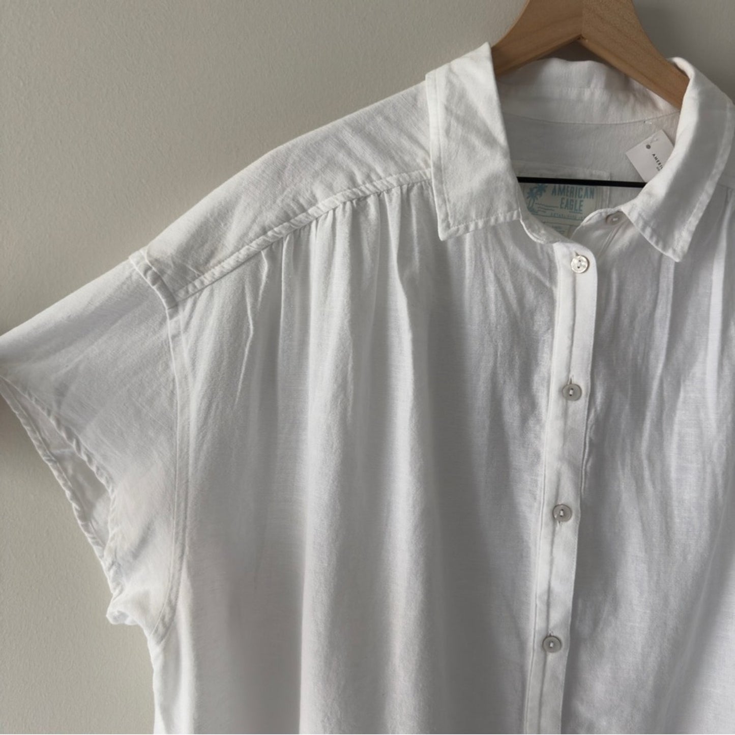 American Eagle Cotton Linen Blend White Button-Down Shirt Lace Hem Collared NWT