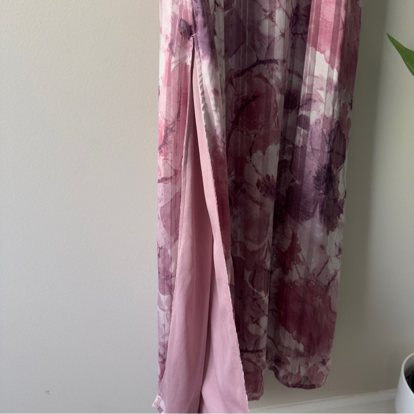 Lulus Sparkling Summer Purple Floral Lurex Maxi Dress Tie Waist Side Slits Lined