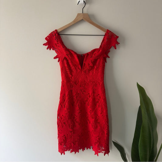 Revolve ASTR the Label Scarlet Lace Dress Off the Shoulder floral lined mini EUC