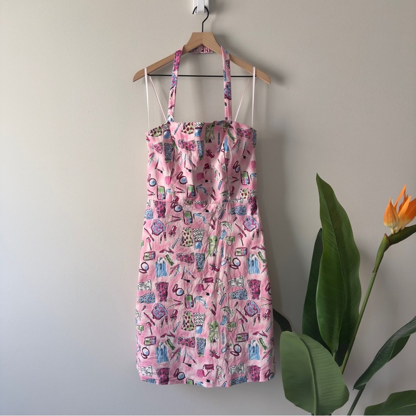 Vintage 90s–2000s Danny & Nicole Pink Patterned Halter Dress Girly Makeup Print