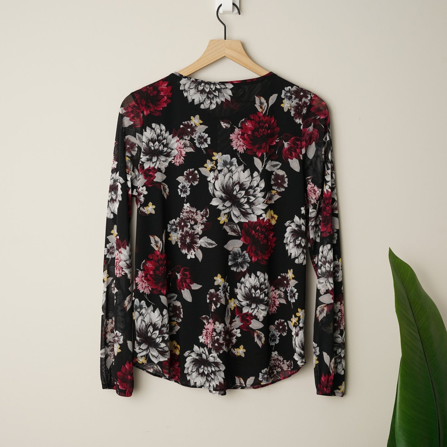 White House Black Market Long Sleeve Mesh Ruffle Top in Dark Berry with Ecru NWT