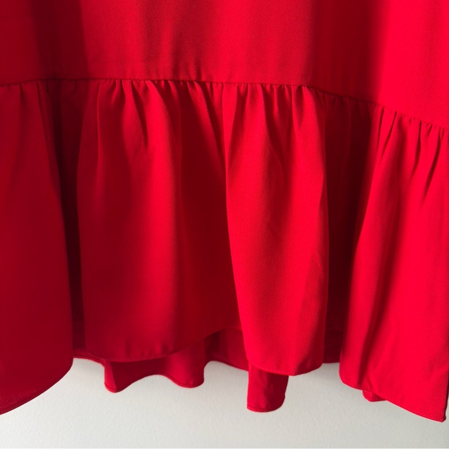 Pomander Place Carlota Peplum Blouse in Red Long Sleeve Top Ruched Flowy Keyhole