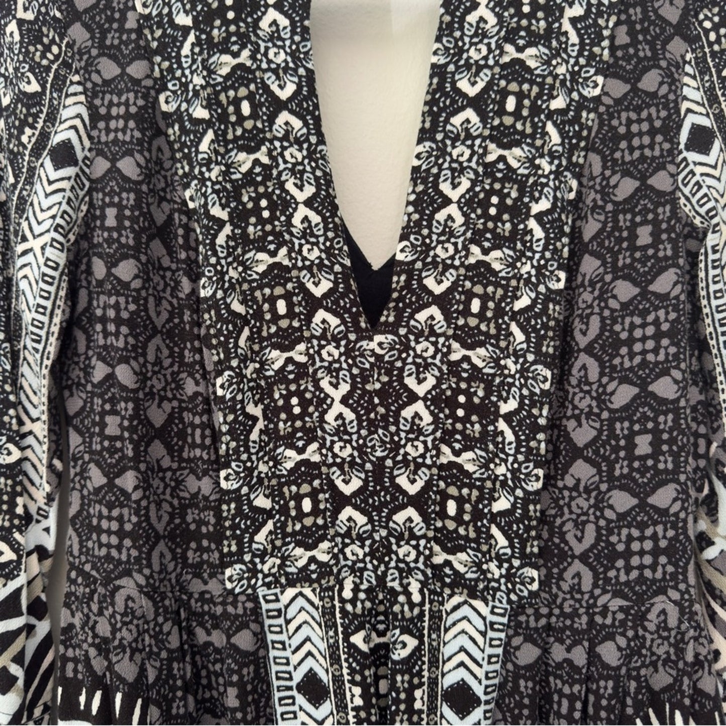 Free People Tegan Border Print Mini Dress Long Bell Sleeves Cutout V-Neck A-Line