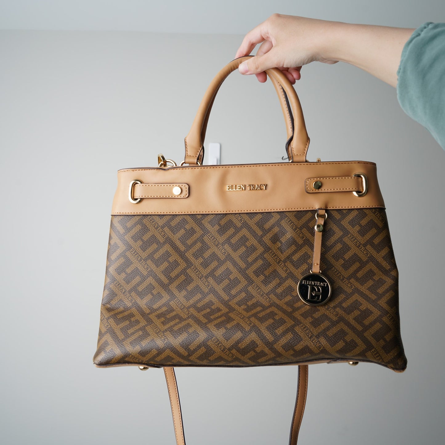 Ellen Tracy Logo Print Coated Canvas Satchel Handbag Detachable Adjustable Strap
