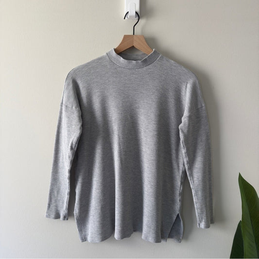 Eileen Fisher Mock Neck Gray Knit Top slit hem ribbed solid minimalist casual S