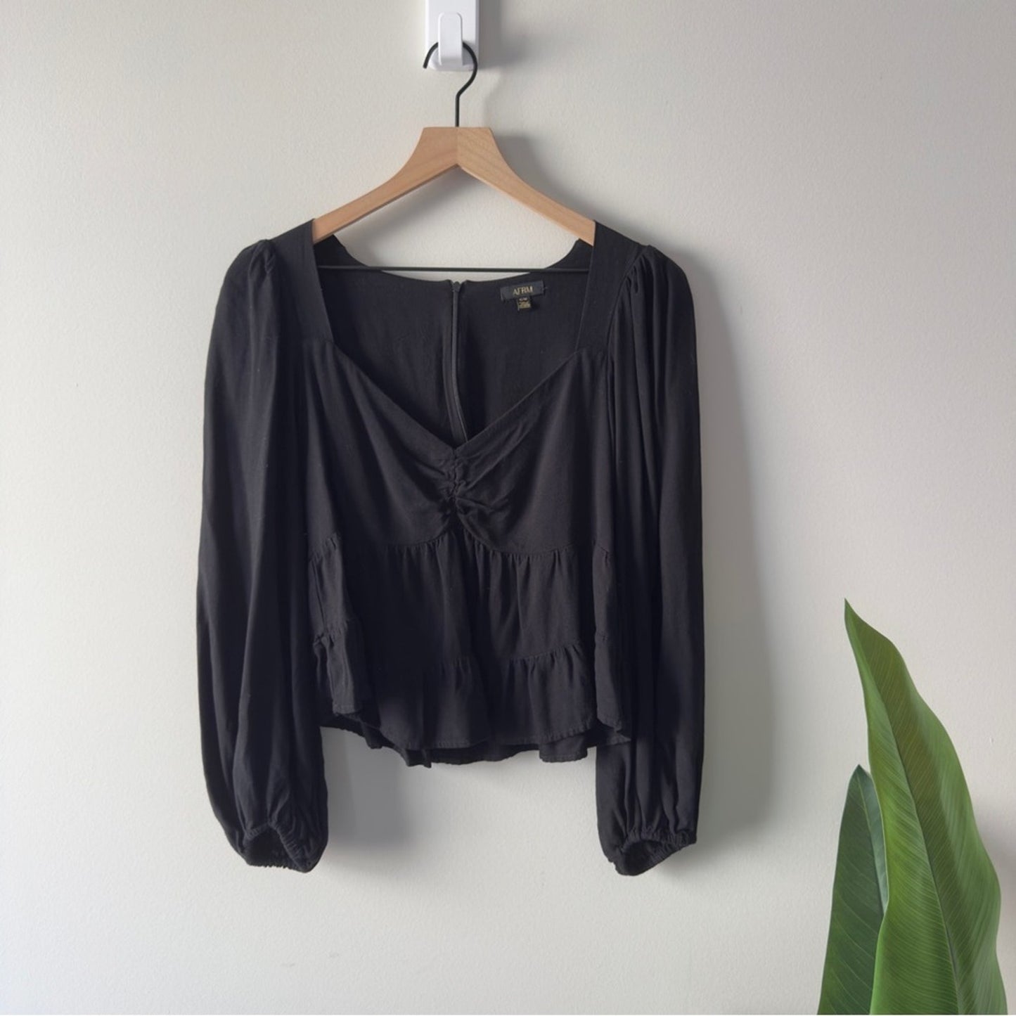 AFRM Revolve Black Babydoll Top Long Sleeve Zip Up Zipper Sweetheart Neckline M