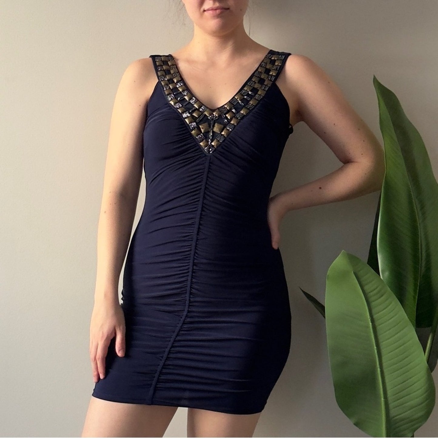 Vintage 2000s Papaya Navy Ruched Embellished Bodycon Mini Dress V-Neck Y2K Blue
