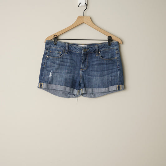 Paige Rolled Cuff Hem Distressed Jean Shorts Medium Wash Denim Cotton Stretch 29