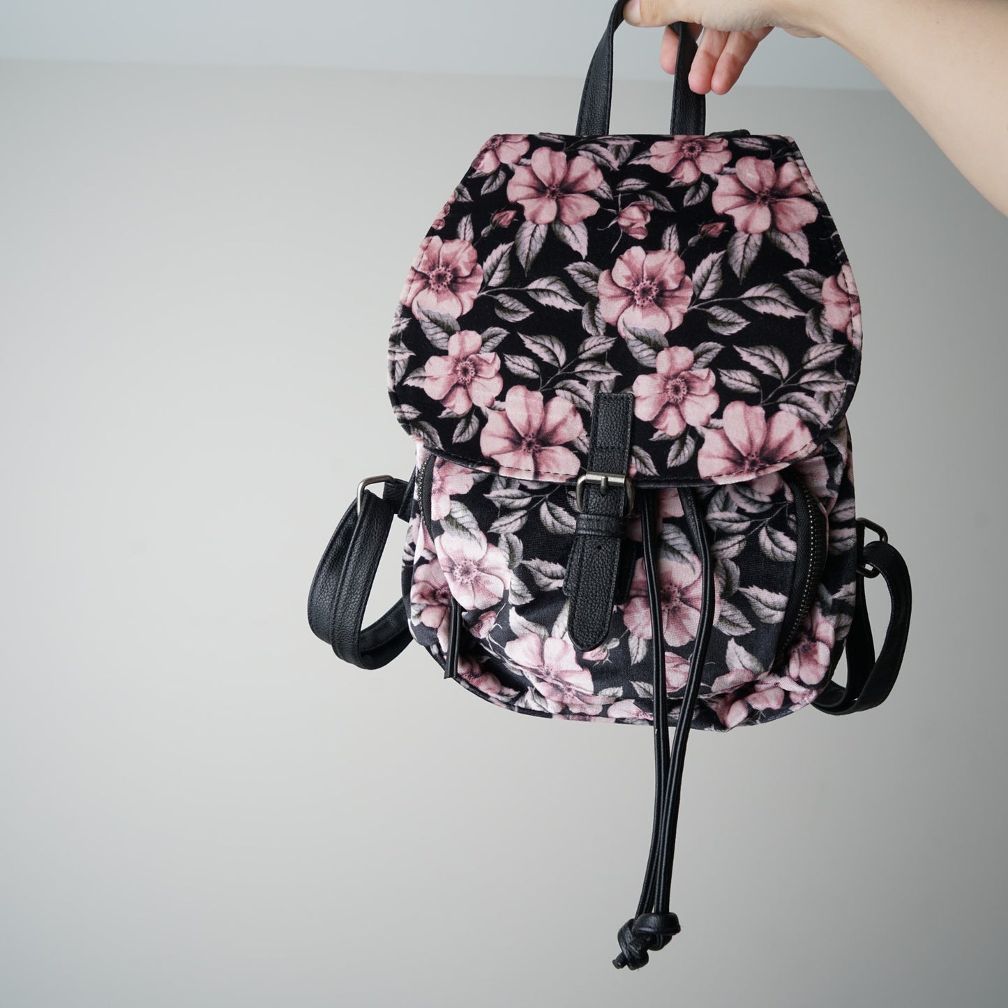 Velour Floral Backpack Faux Leather Straps Drawstring Velvet Mini Front Pocket