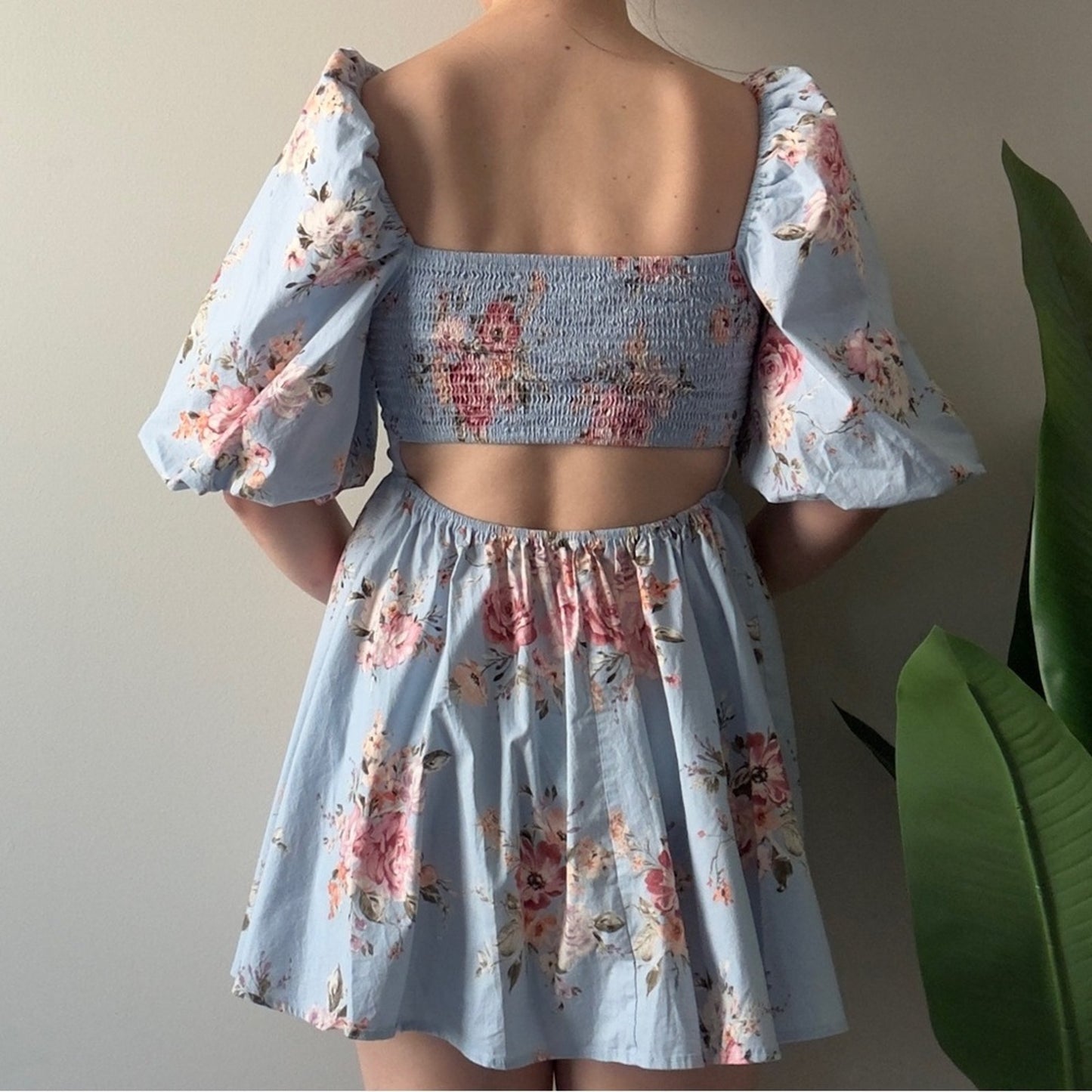 Altar’d State Floral Blue Puff Sleeve Mini Dress Scoop Neck Cutout Smocked Back