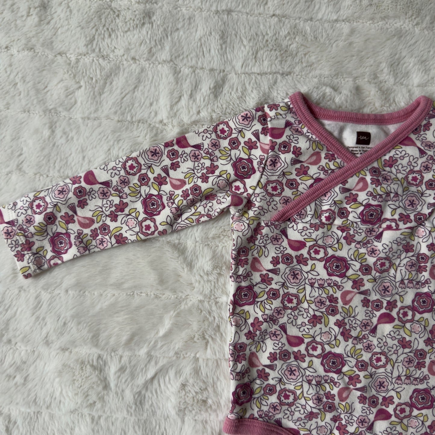 Tea Collection Floral Bird Pattern 100% Cotton Onesie One Piece Long Sleeve EUC