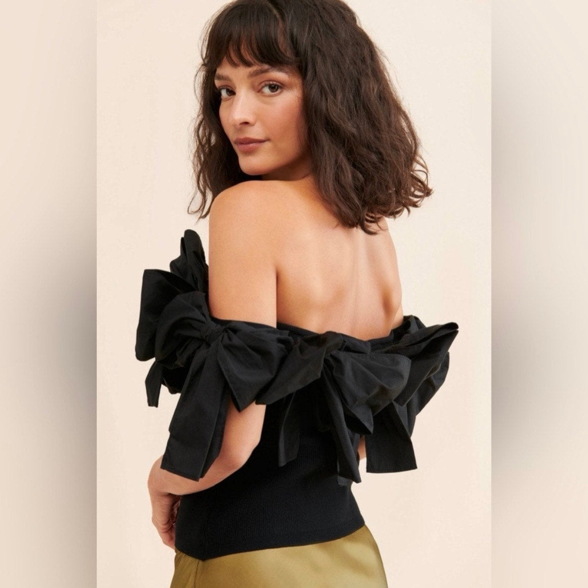 Anthropologie Dolan Left Coast Black Off-Shoulder Bow Top Ribbed Preppy Party 3X