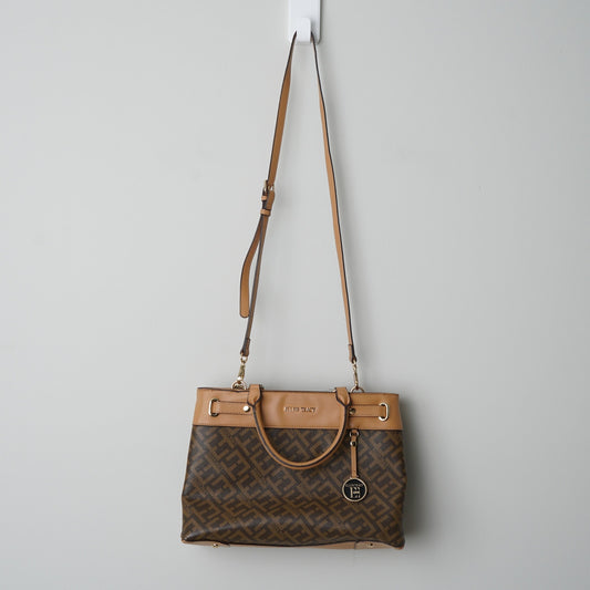 Ellen Tracy Logo Print Coated Canvas Satchel Handbag Detachable Adjustable Strap