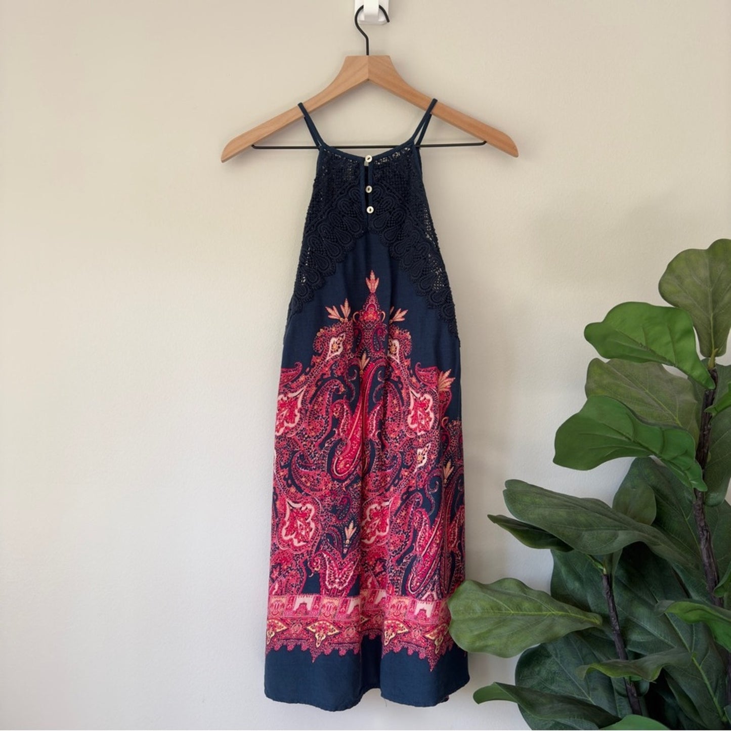 Free People Intimately Boho Paisley Pattern Spaghetti Strap Dress Button Up Lace