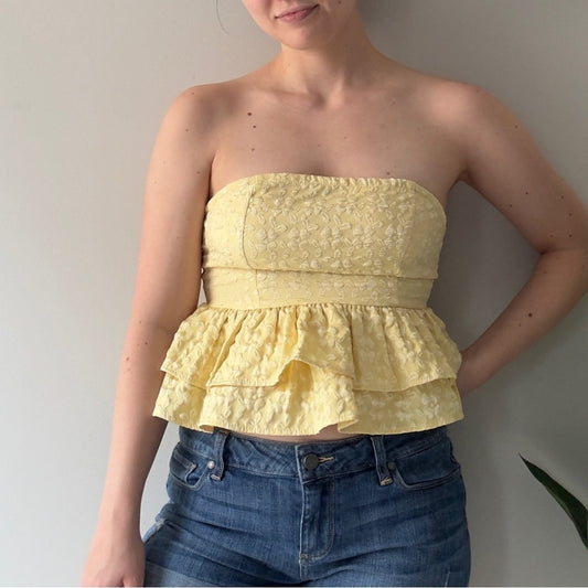 Shein Strapless Floral Jacquard Top Ruffle Peplum Tie Bow Back Butter Yellow EUC