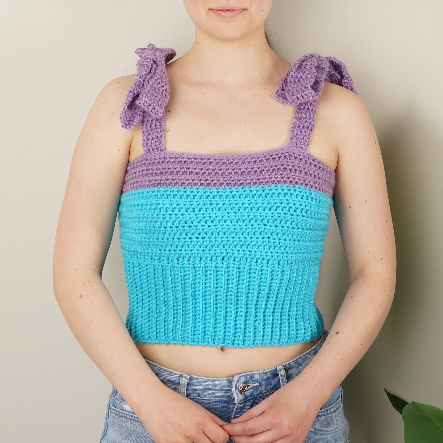 Handmade Crochet Babydoll Tank Top Crop Sleeveless Bows Cropped Colorblock S/M