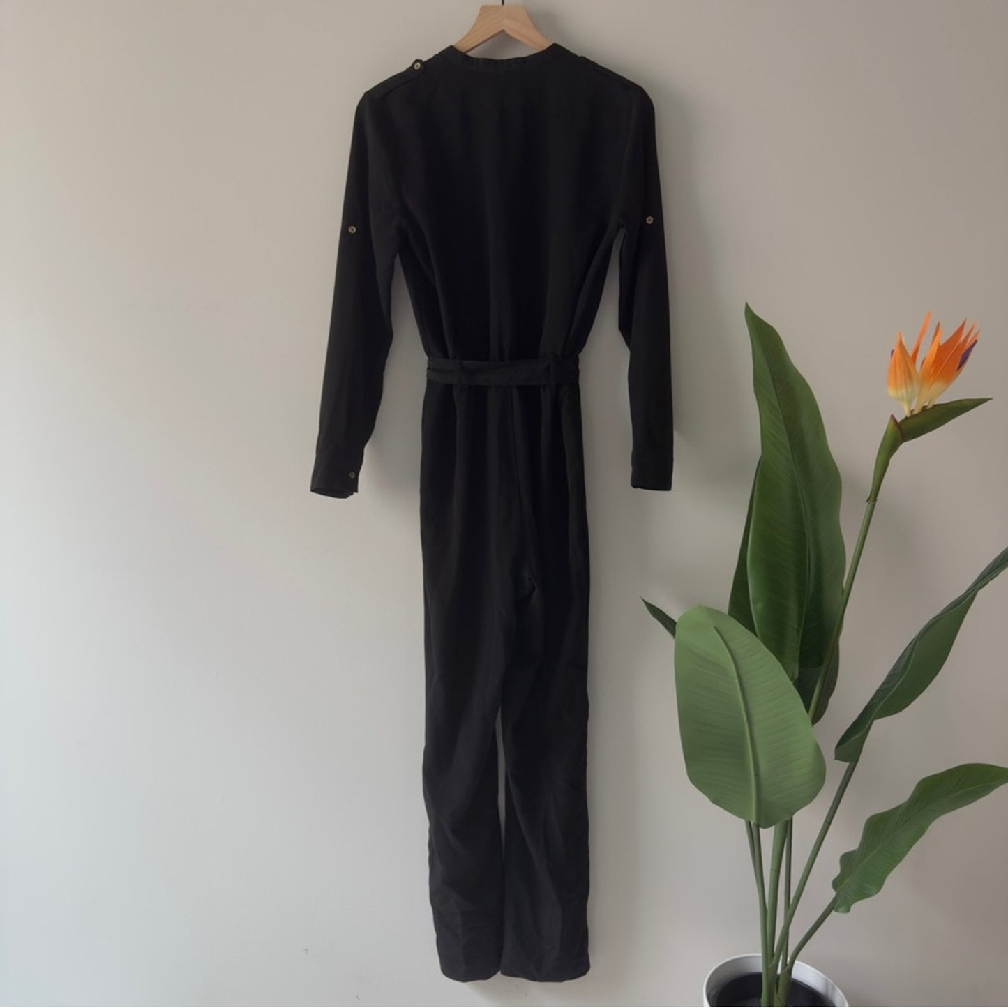 Calvin Klein Black Button-Up Front Jumpsuit Gold Accents Zipper Pockets Tie Belt