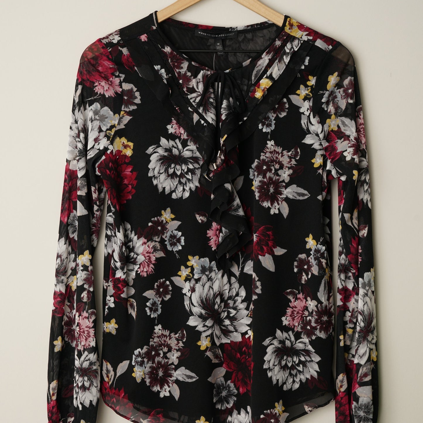 White House Black Market Long Sleeve Mesh Ruffle Top in Dark Berry with Ecru NWT