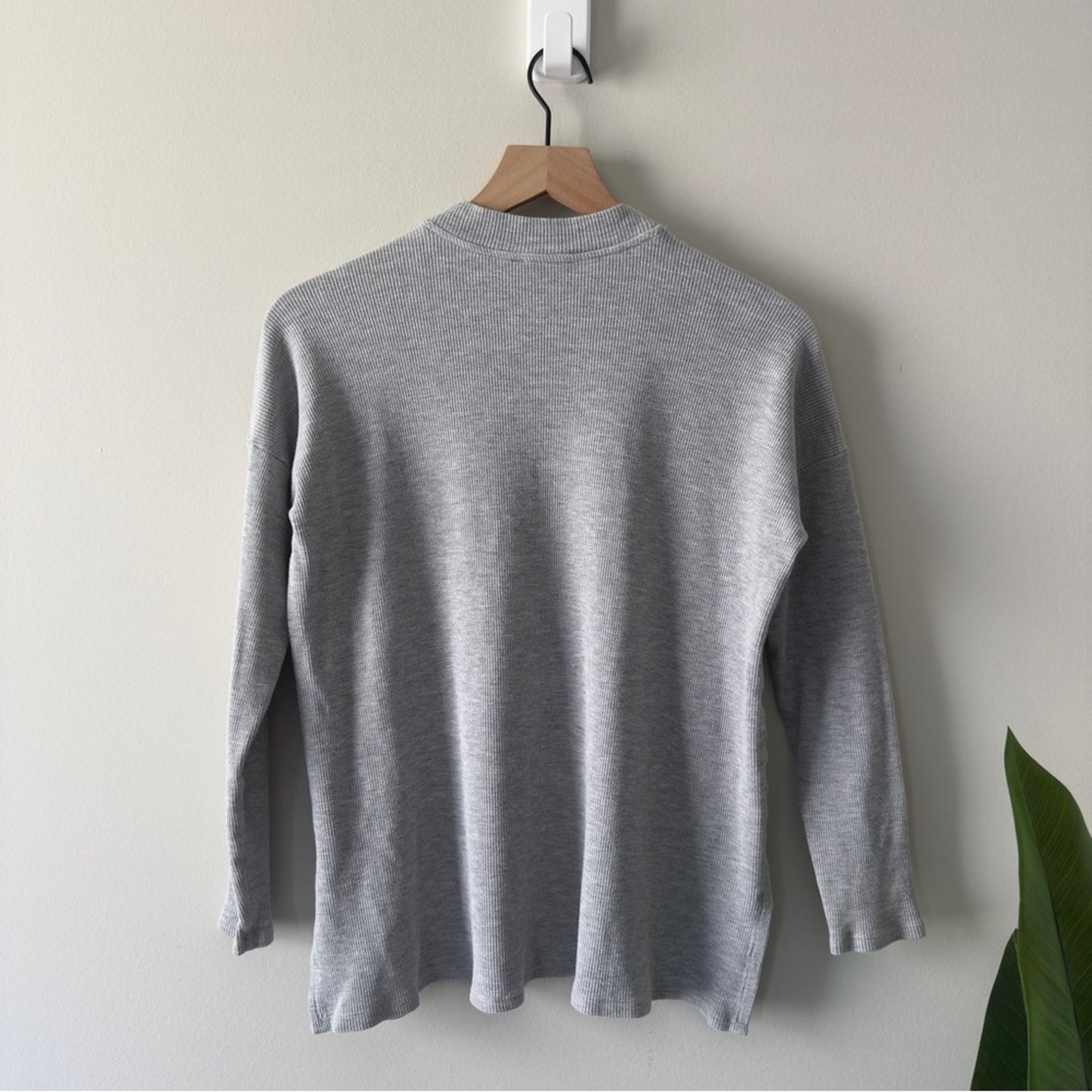 Eileen Fisher Mock Neck Gray Knit Top slit hem ribbed solid minimalist casual S