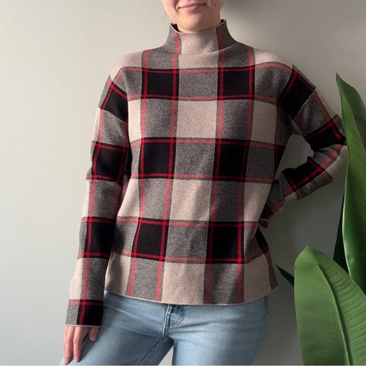 Rachel Zoe Red and Black Plaid Turtleneck Sweater Long Sleeve Checkered Winter M