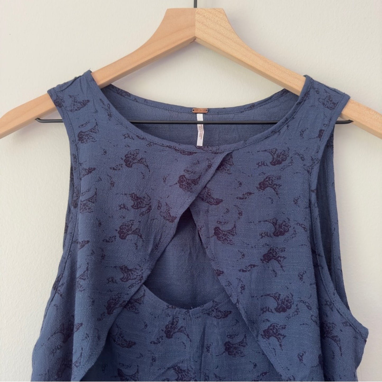 Free People Indigo Combo Tank Top Floral Print Cutout Sleeveless Crinkle Cut Out