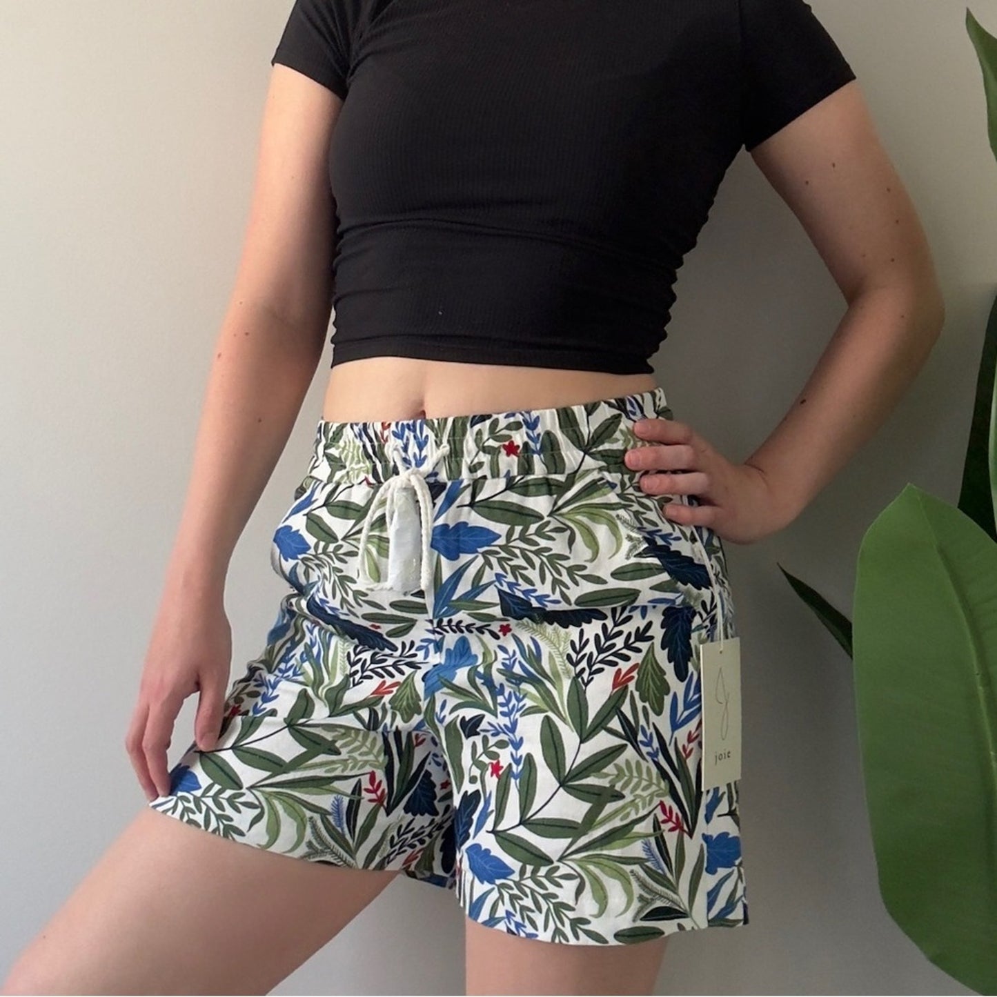 Joie Linen blend Green and Blue Leaf Print Women's Shorts rope tie drawstring 2