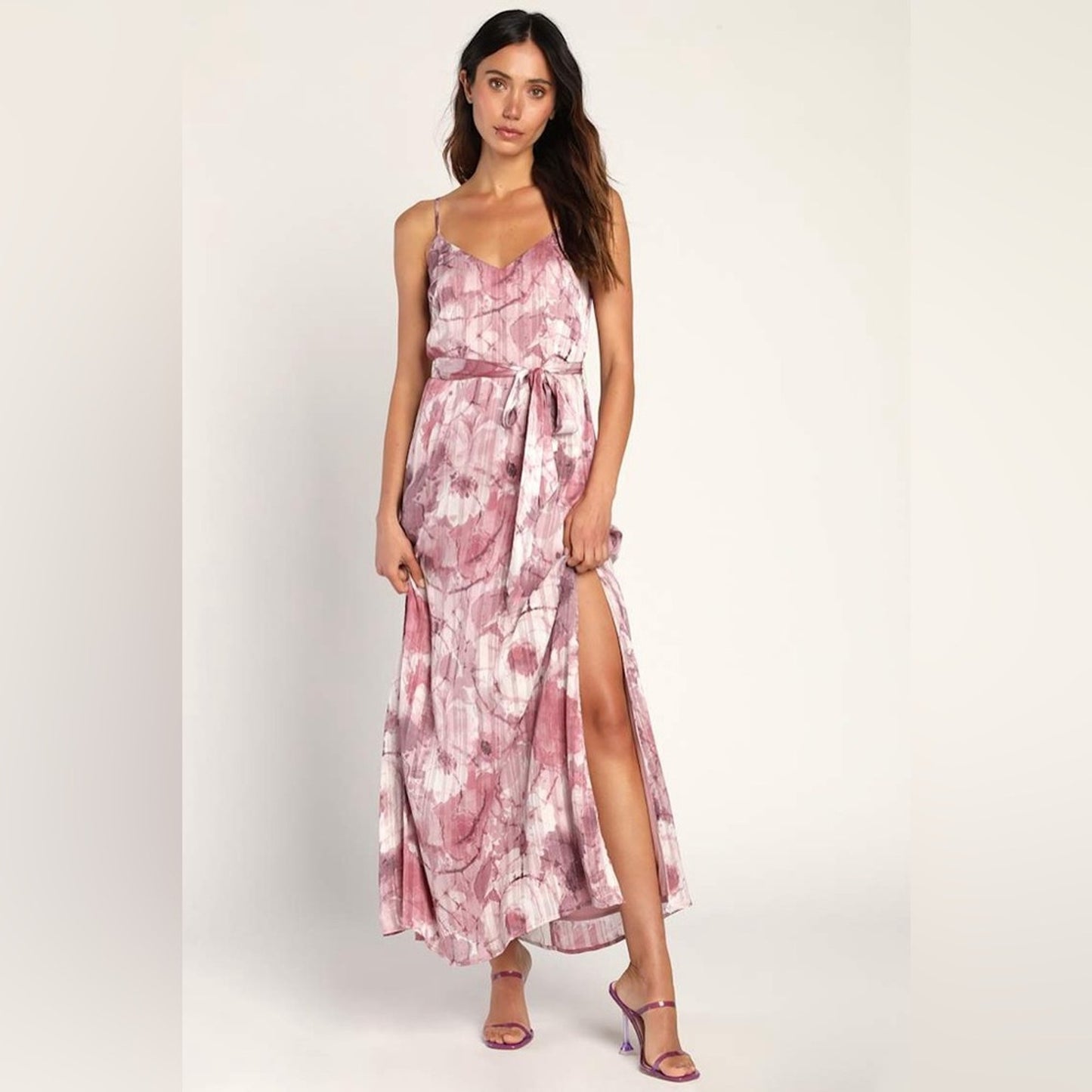 Lulus Sparkling Summer Purple Floral Lurex Maxi Dress Tie Waist Side Slits Lined